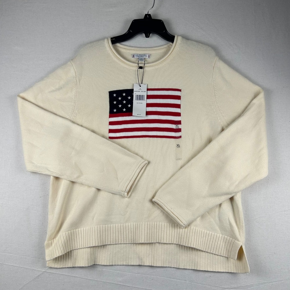 Tommy Hilfiger Womens XL Cream American Flag Cotton Knit Sweater XW07858 250 AEF